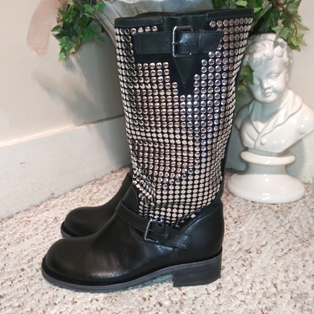 Anthropologie Vicenza Silver Studded Black Leather Rocker Chic Style Moto Boot - Picture 4 of 9